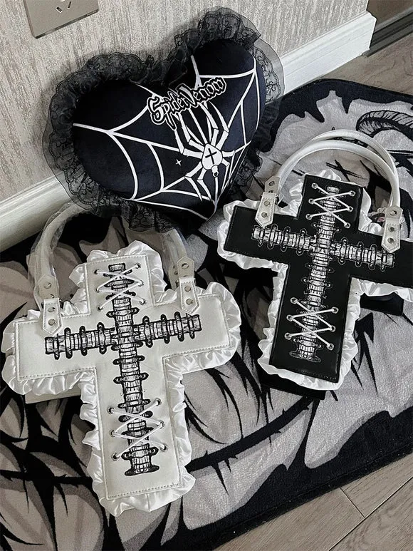 Gothic Lolita Bag Black PU Leather Ruffles Cross PU Leather Handbag Lolita Accessories