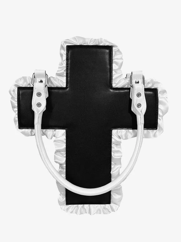 Gothic Lolita Bag Black PU Leather Ruffles Cross PU Leather Handbag Lolita Accessories