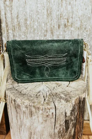 Green Suede Clutch Bag with Cream Bootstitch & Brass Hardware