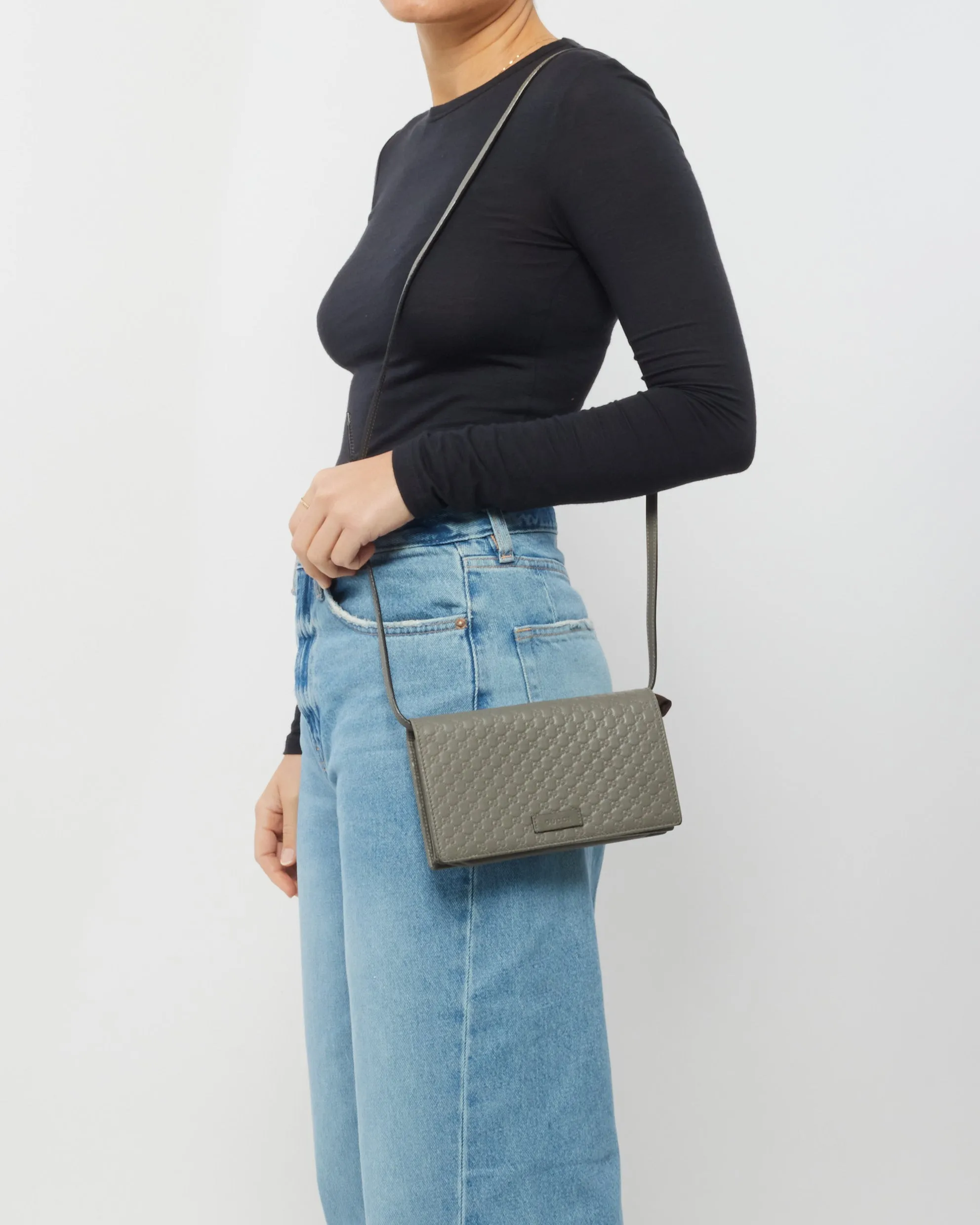 Gucci Grey Leather Guccissima Wallet On Strap