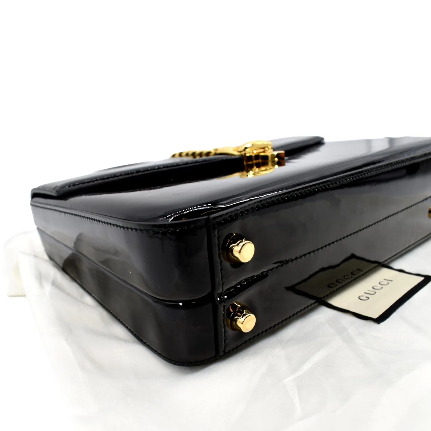 GUCCI Sylvie 1969 Patent Leather Top Handle Crossbody Bag Black 589478