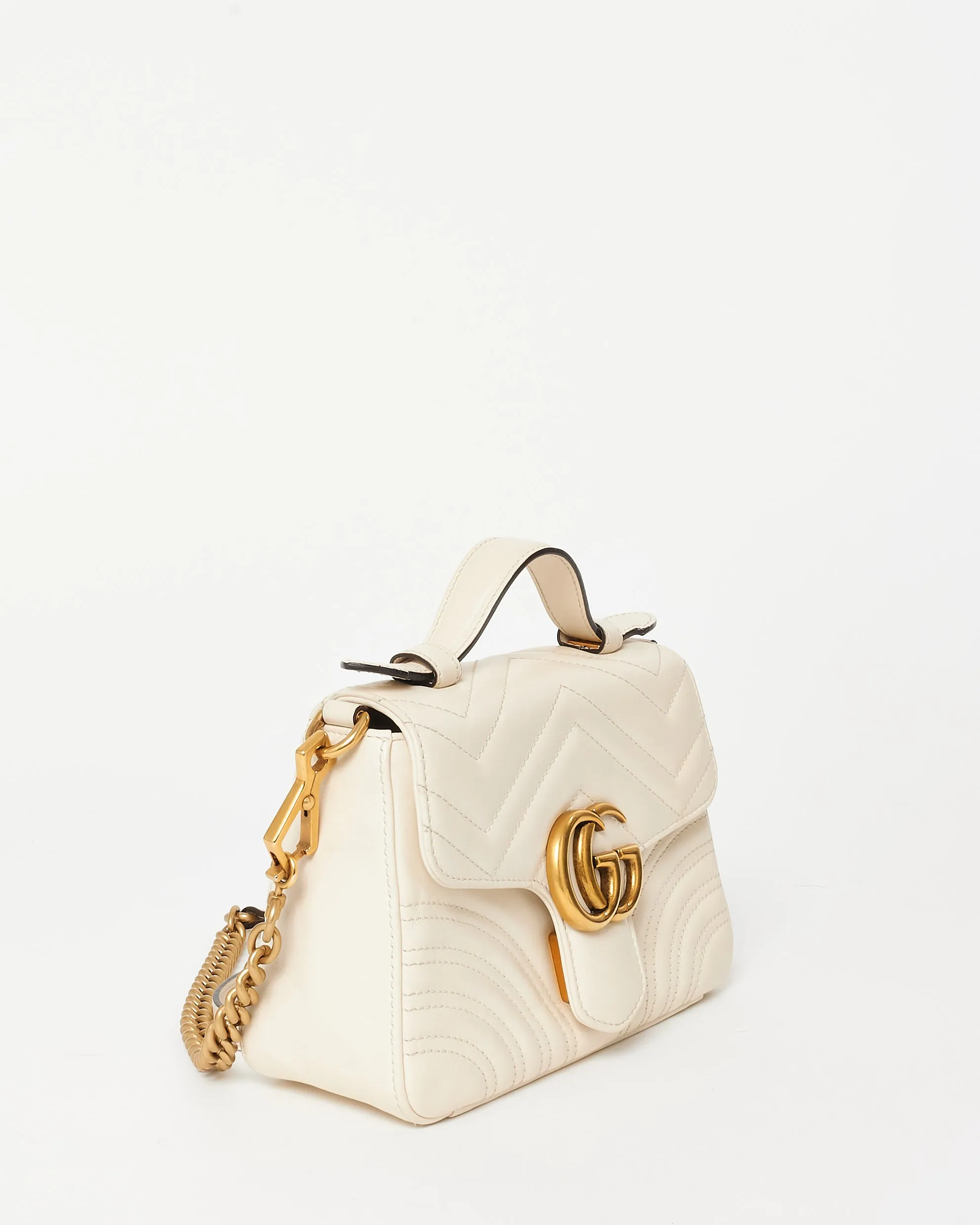 Gucci White Chevron Leather GG Marmont Top Handle Bag