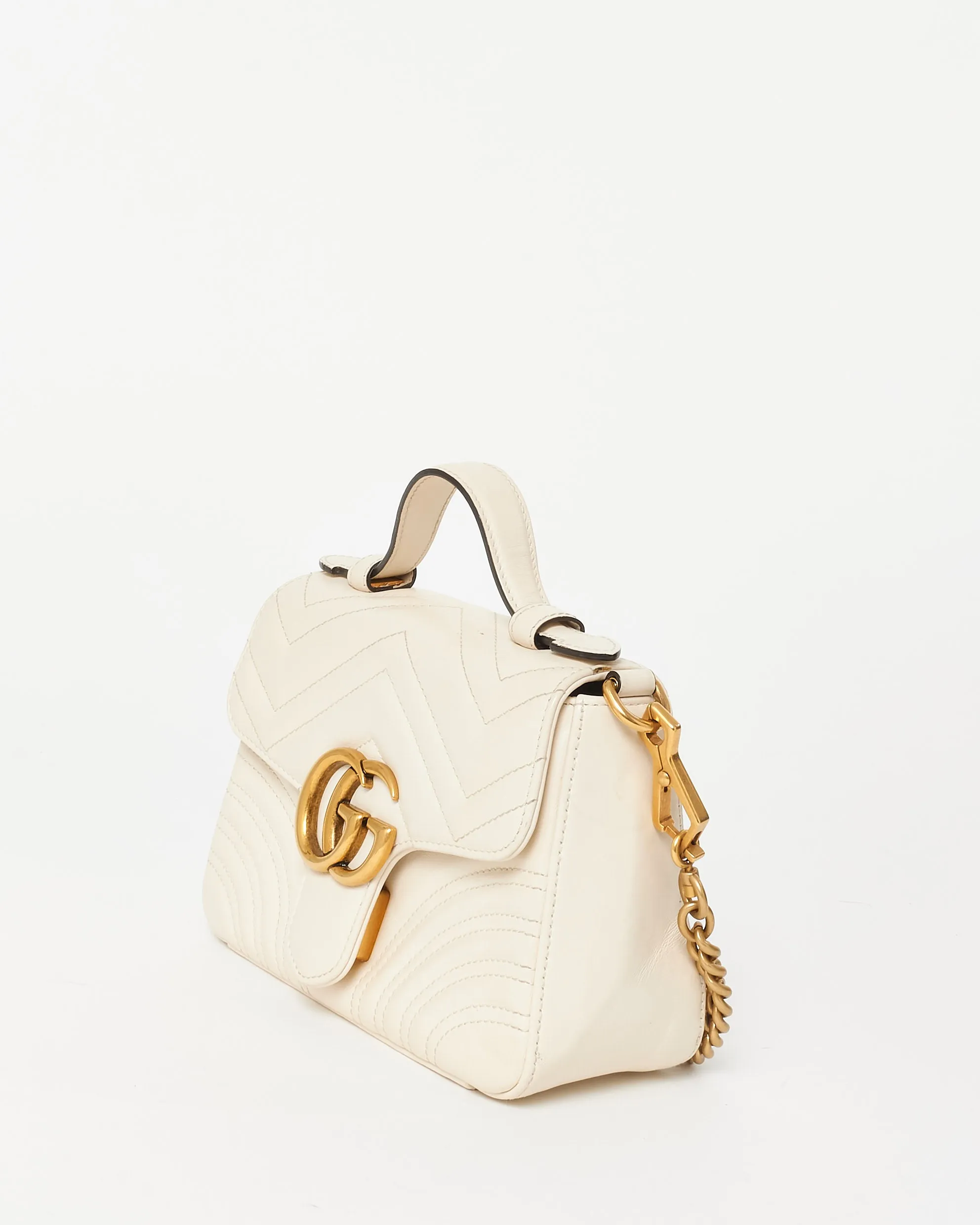 Gucci White Chevron Leather GG Marmont Top Handle Bag