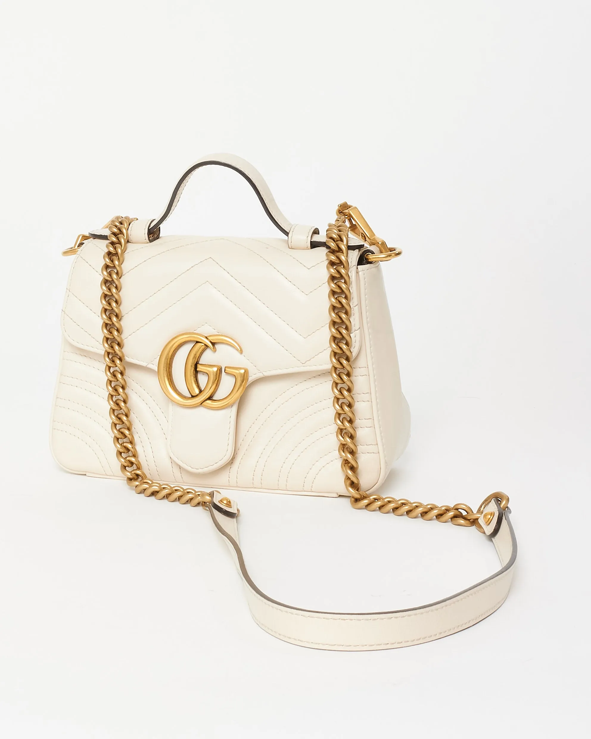 Gucci White Chevron Leather GG Marmont Top Handle Bag