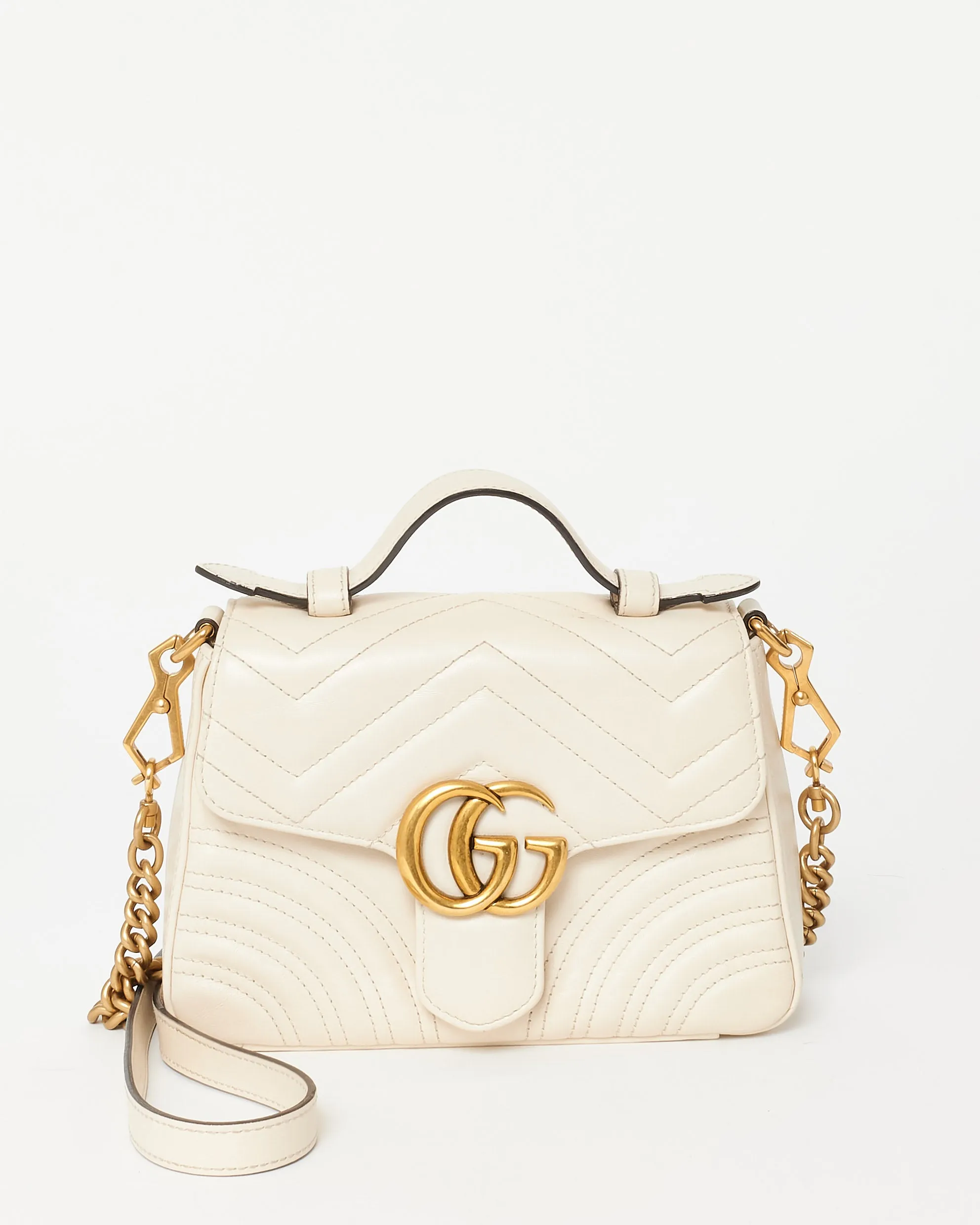 Gucci White Chevron Leather GG Marmont Top Handle Bag
