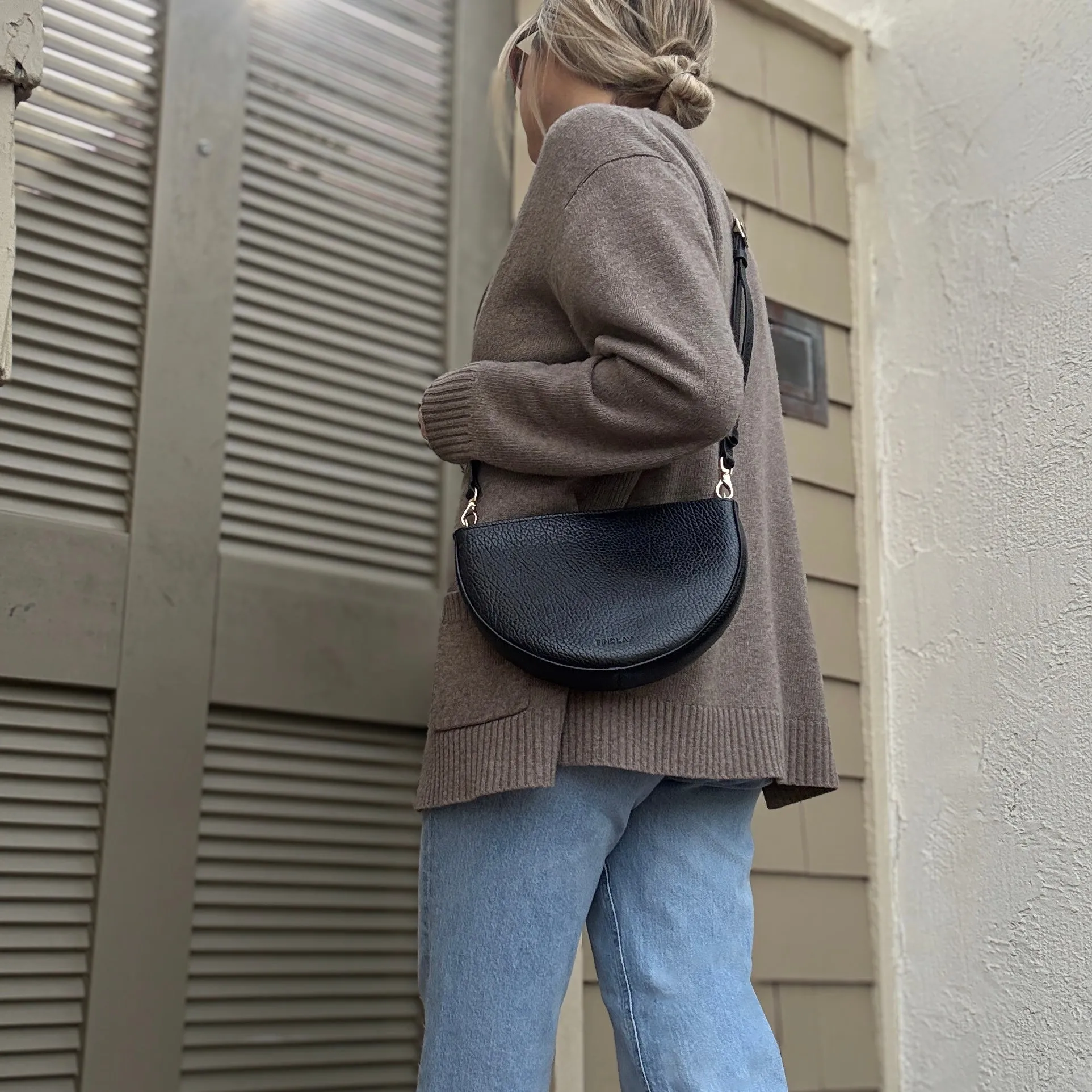 Half Moon Crossbody, Black Luxe Pebble