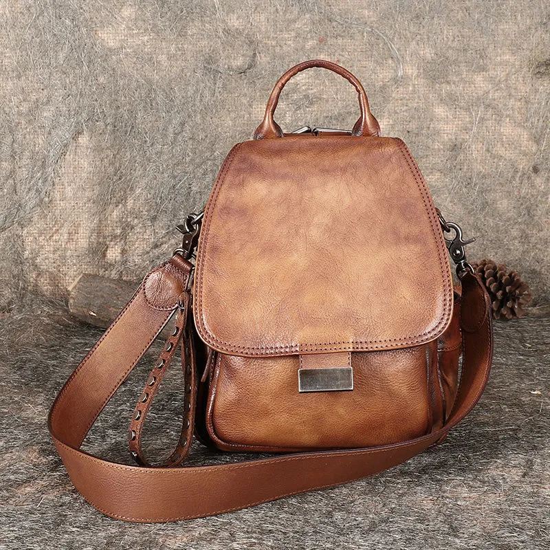 Handmade Convertible Leather Backpacks Bag Womens Best Coffee Leather Shoulder Purse School Rucksack