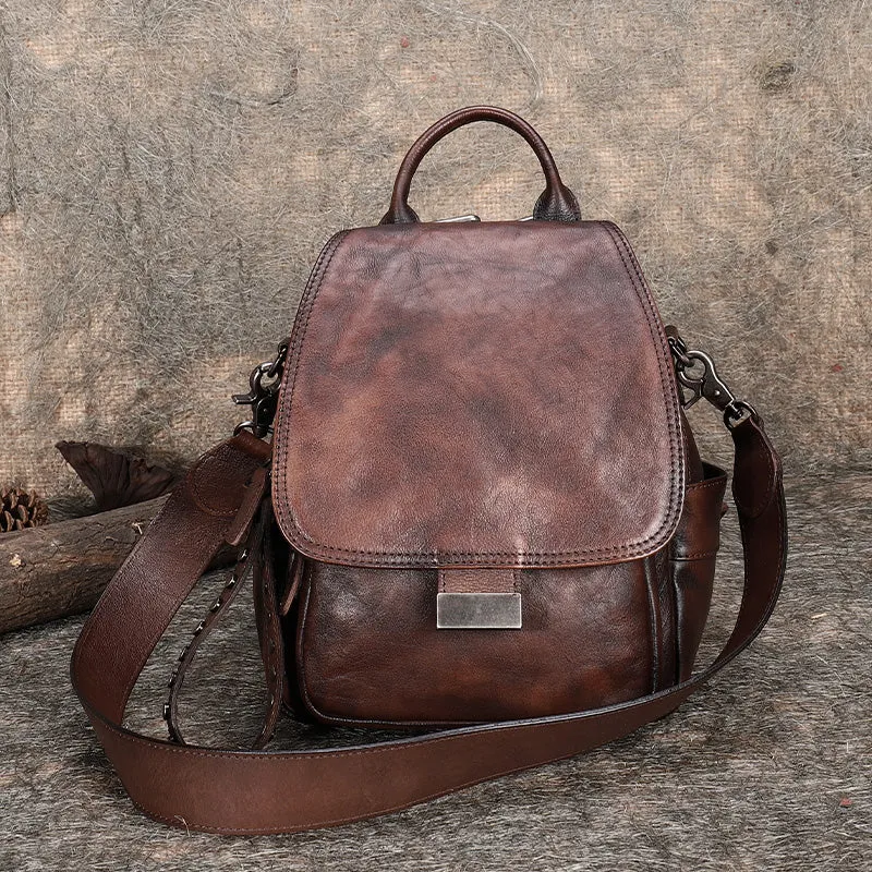 Handmade Convertible Leather Backpacks Bag Womens Best Coffee Leather Shoulder Purse School Rucksack