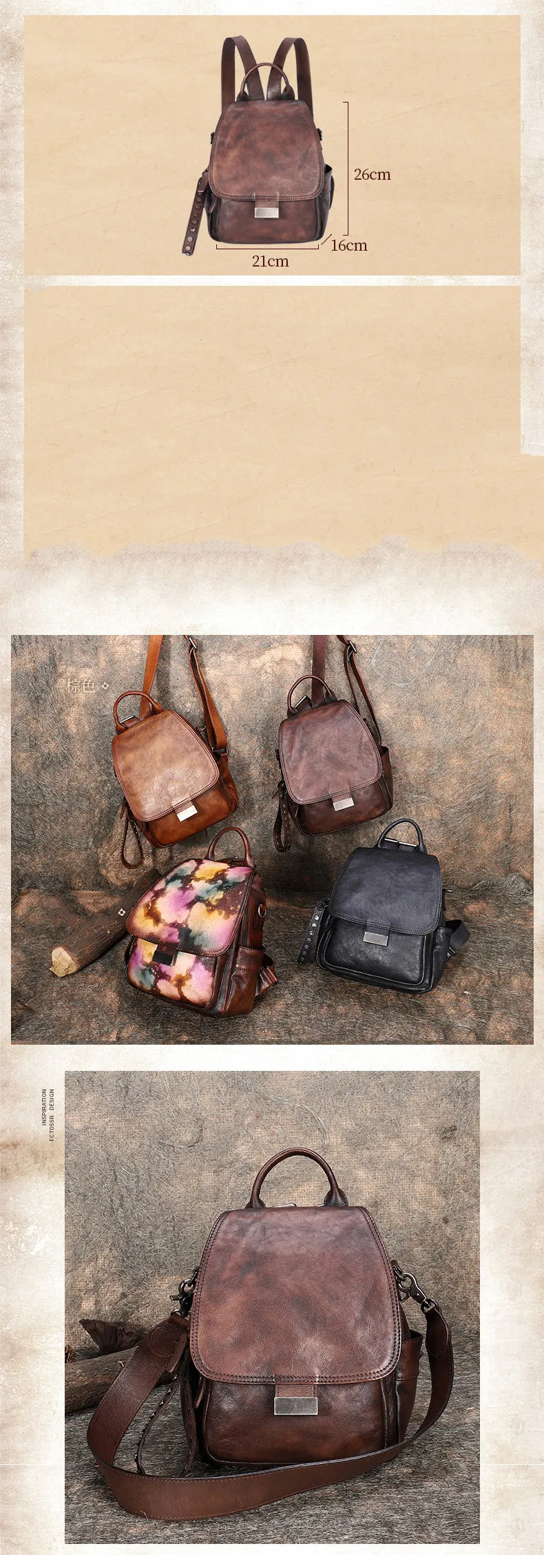 Handmade Convertible Leather Backpacks Bag Womens Best Coffee Leather Shoulder Purse School Rucksack
