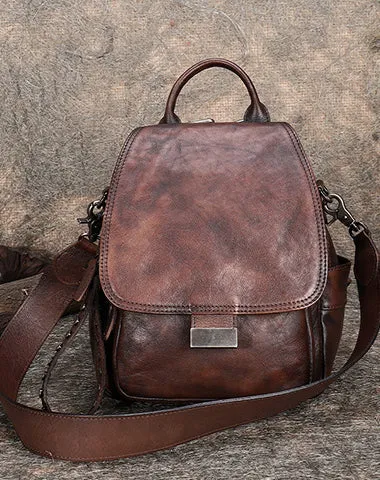 Handmade Convertible Leather Backpacks Bag Womens Best Coffee Leather Shoulder Purse School Rucksack