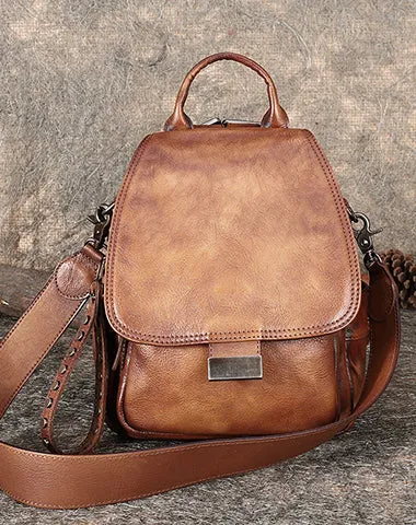 Handmade Convertible Leather Backpacks Bag Womens Best Coffee Leather Shoulder Purse School Rucksack