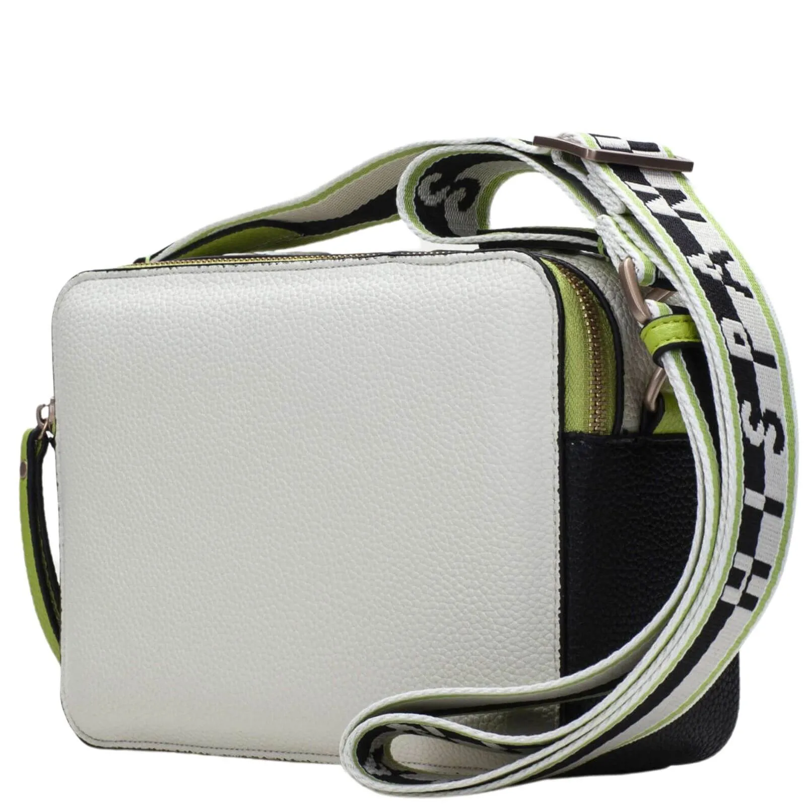 Hispanitas White & Black Leather Branded Crossbody Strap Bag