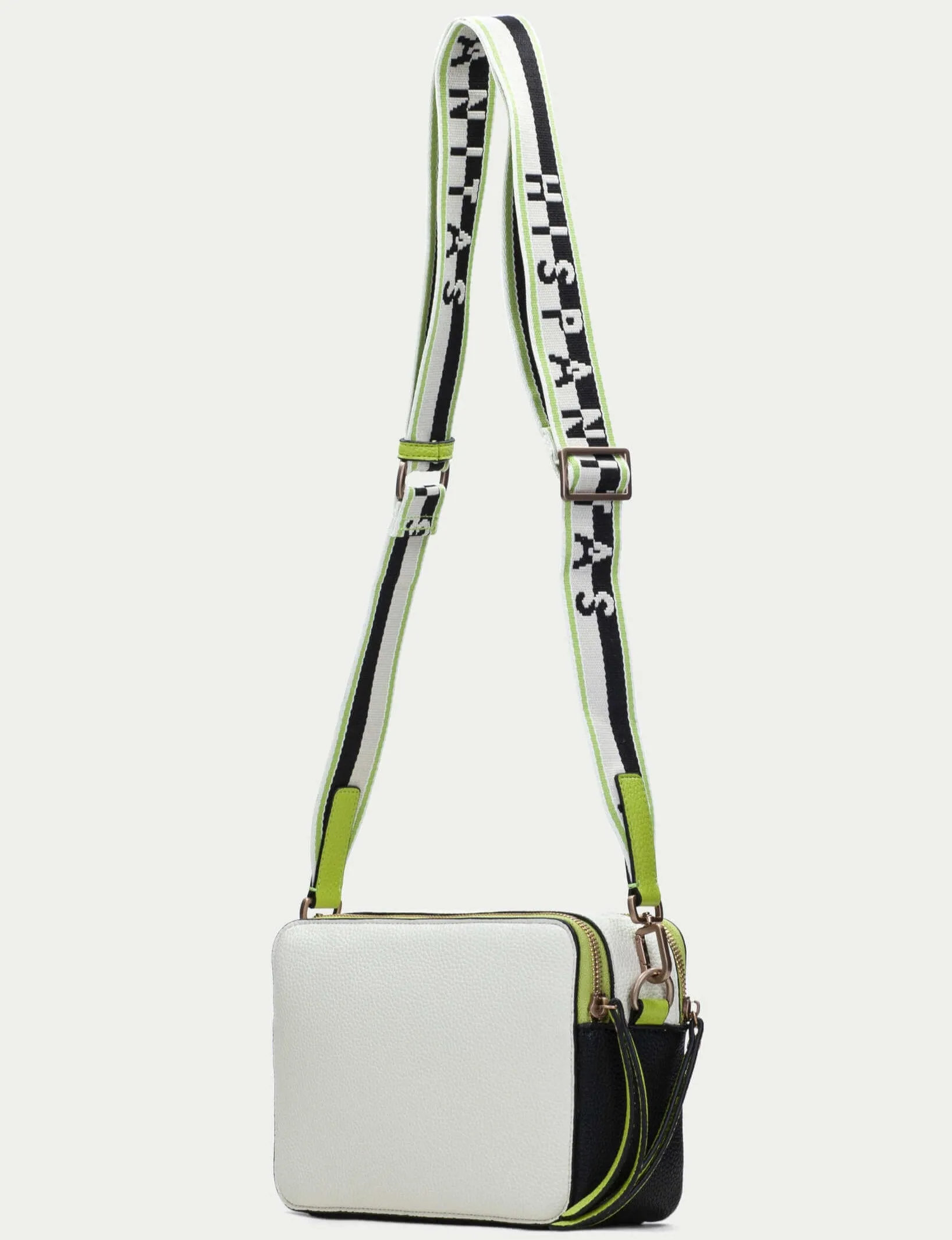 Hispanitas White & Black Leather Branded Crossbody Strap Bag