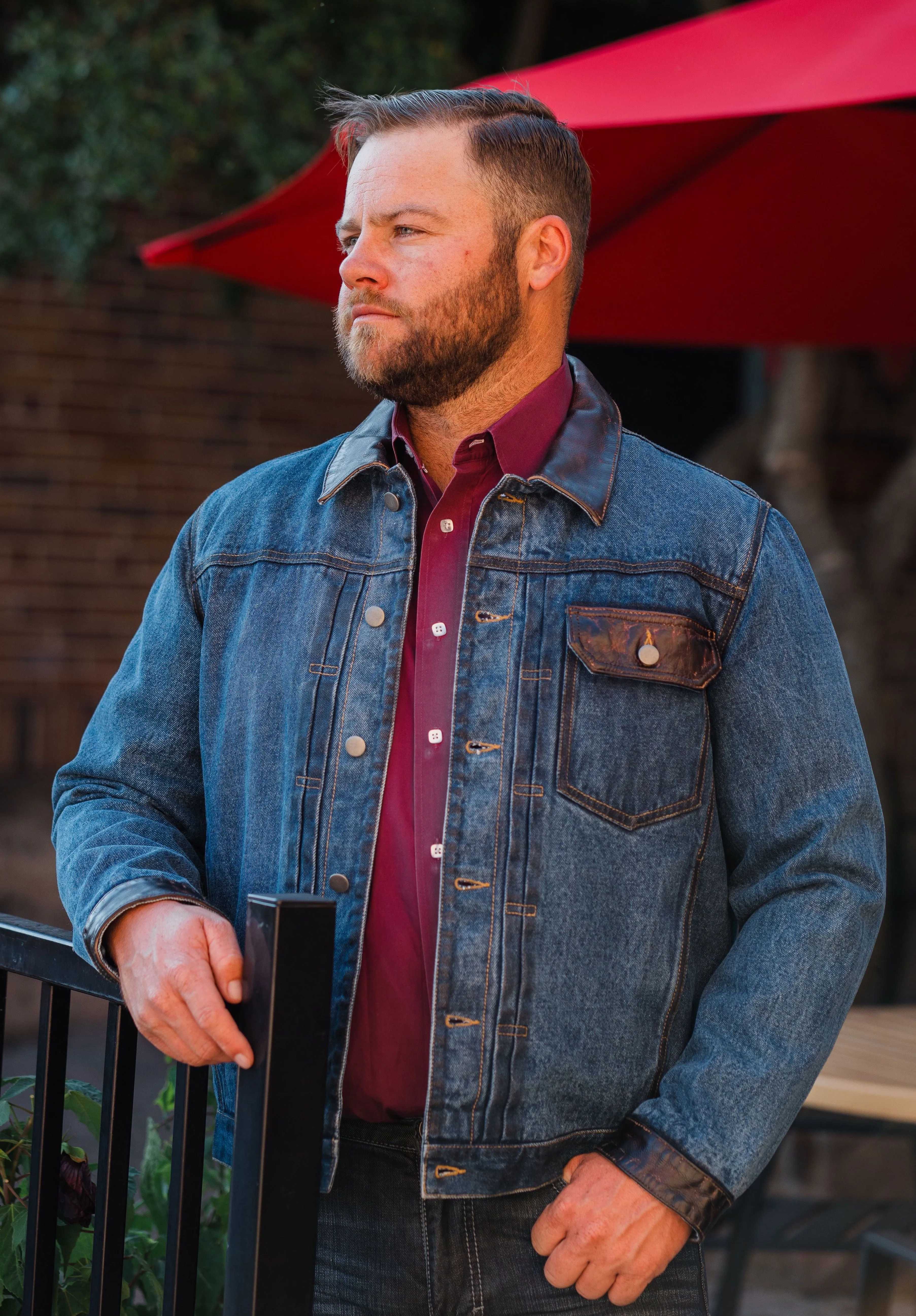 Jacket, Denim with Leather Collar - Style 2014