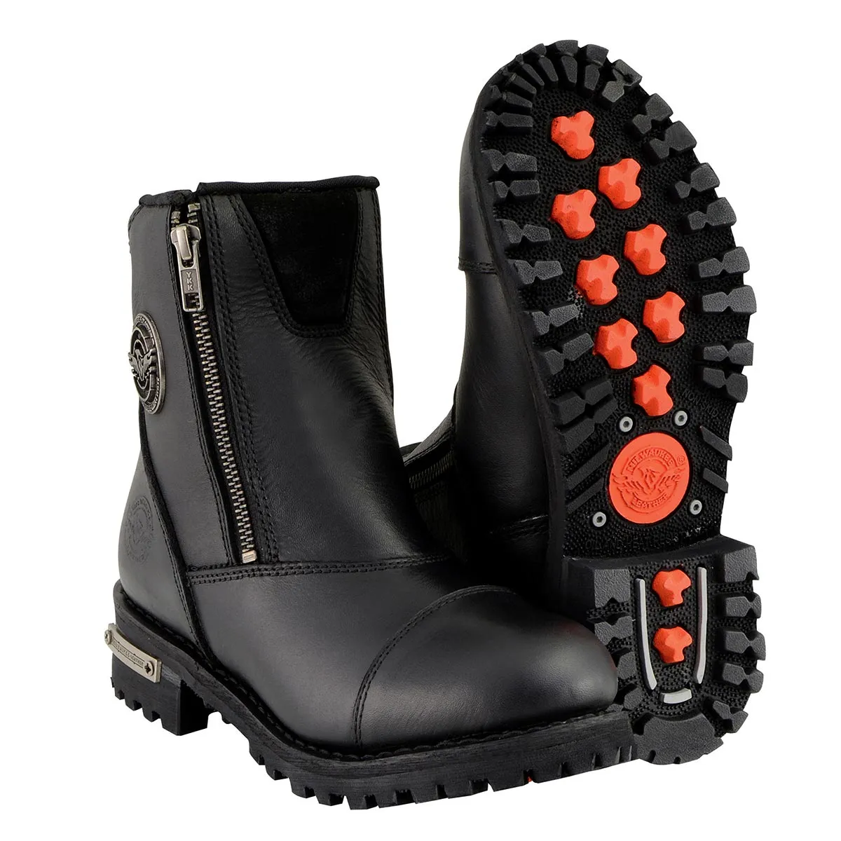 MBM102 Men's Black Smooth Double Sided Zipper Entry Motorcycle Leather Boots