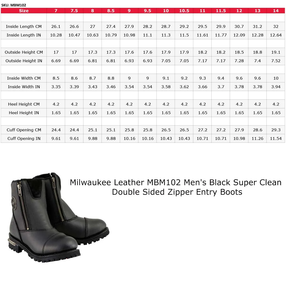 MBM102 Men's Black Smooth Double Sided Zipper Entry Motorcycle Leather Boots