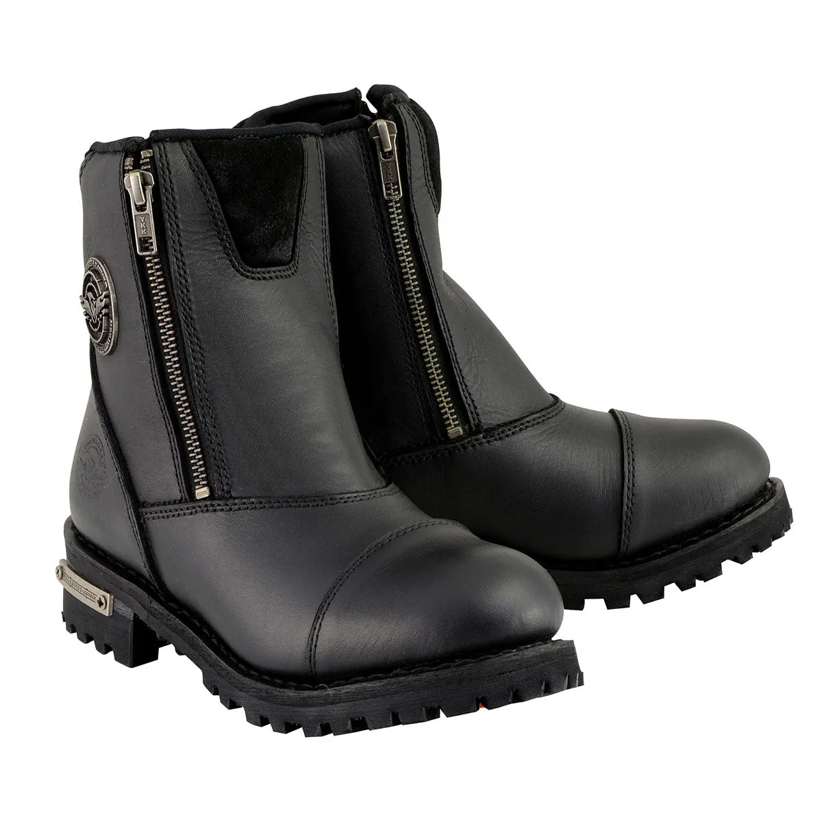 MBM102 Men's Black Smooth Double Sided Zipper Entry Motorcycle Leather Boots