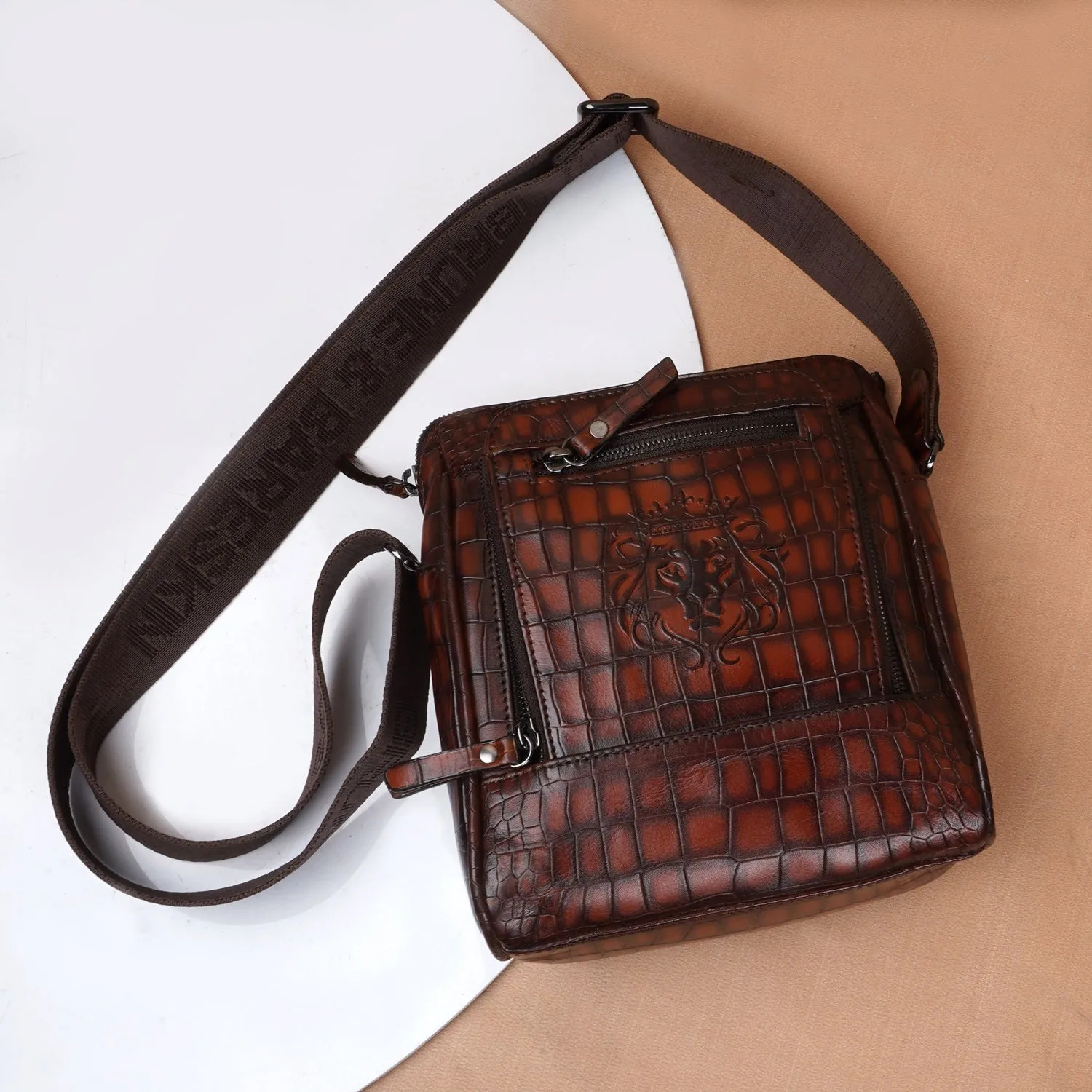 Medium Sized Smokey Finish Crossbody Bag in Cognac Leather