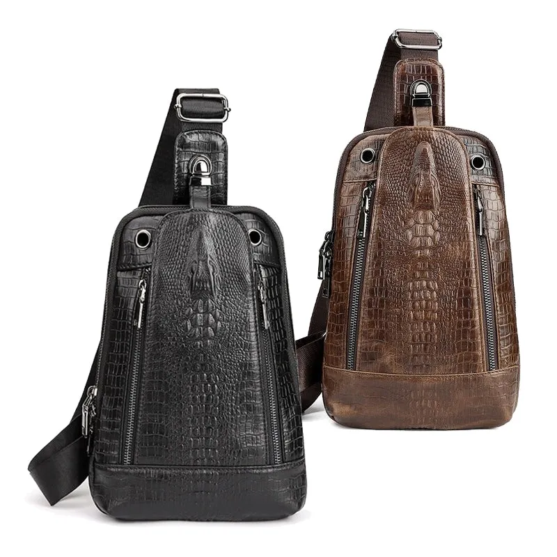 Men Travel Cowhide Crocodile Grain Chest Bags