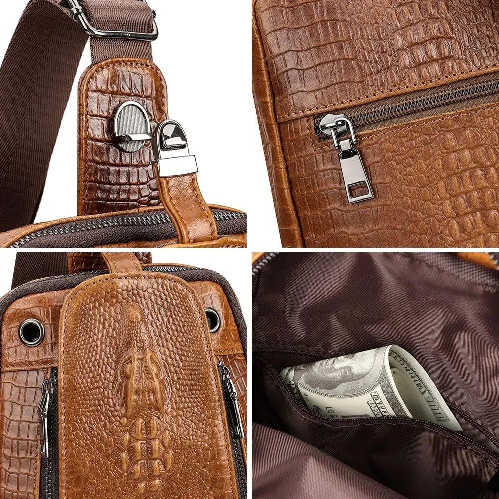 Men Travel Cowhide Crocodile Grain Chest Bags