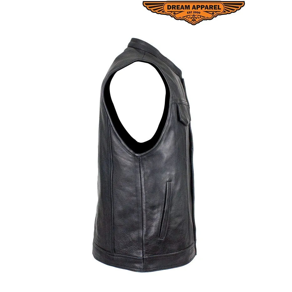 Mens Biker Riding Patch Holder 7 Pocket leather vest with High zipper