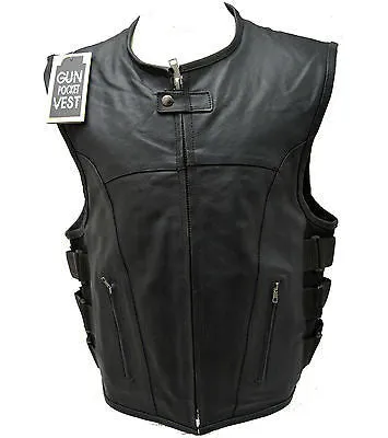 MEN'S BIKER UPDATED SWAT TEAM STYLE MOTORCYCLE LEATHER VEST W/2 GUN POCKETS NEW