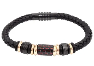 Men's Black Leather Rose Gold Stainless Steel Bracelet With Carbon Fiber