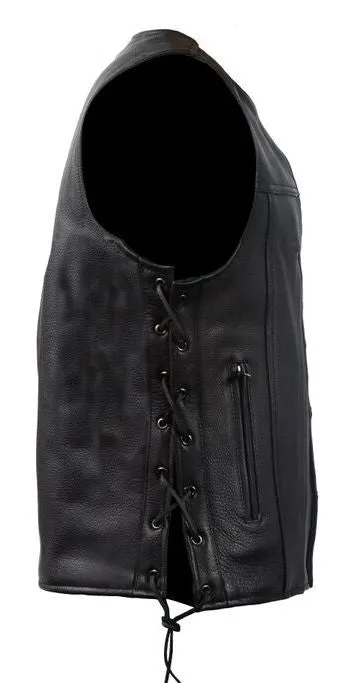 Men's Blk Motorcycle Club Leather vest with 2 Gun pockets & Side Laces