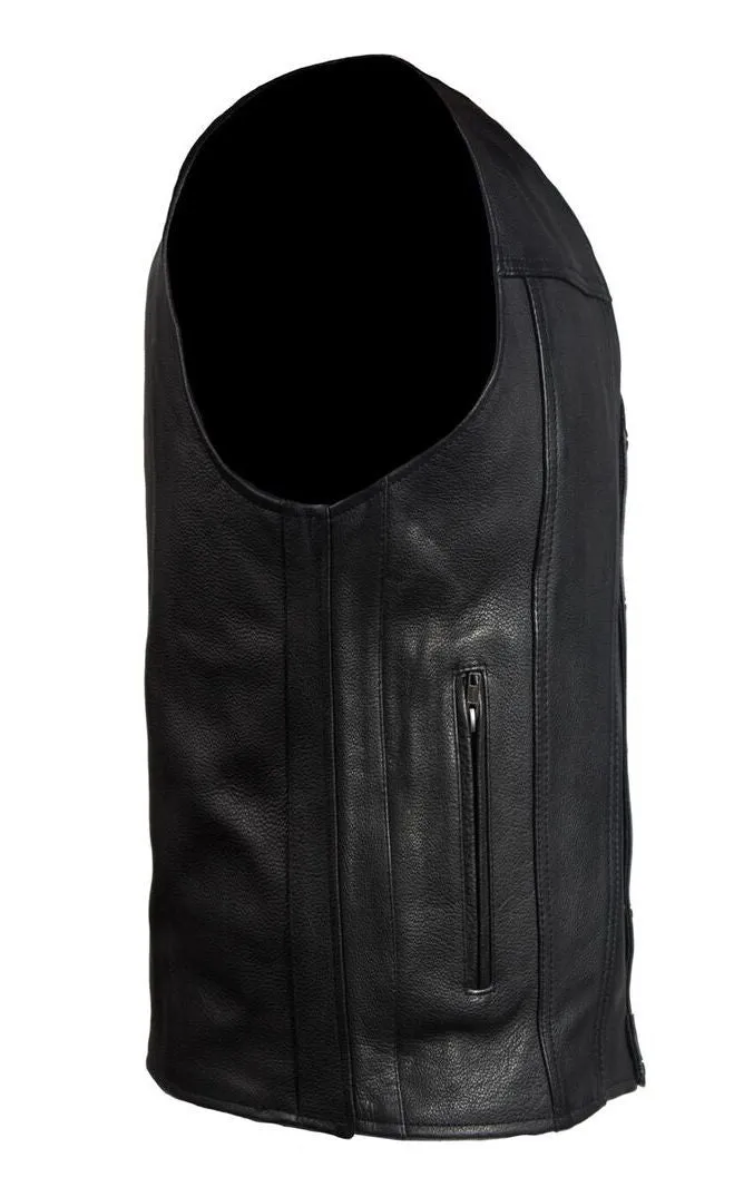 Men's Blk Motorcycle Club Leather vest with 2 Gun pockets