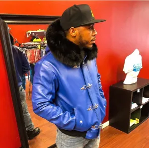 Men's Custom Made Royal Blue Lambskin Leather Jacket with Black Fox Fur Hood