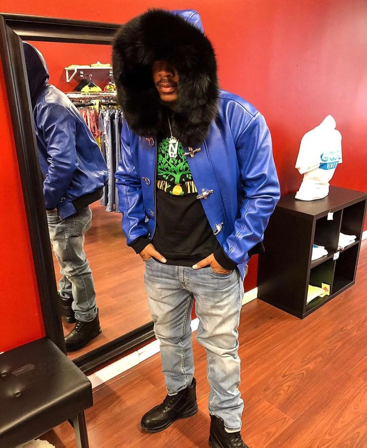 Men's Custom Made Royal Blue Lambskin Leather Jacket with Black Fox Fur Hood