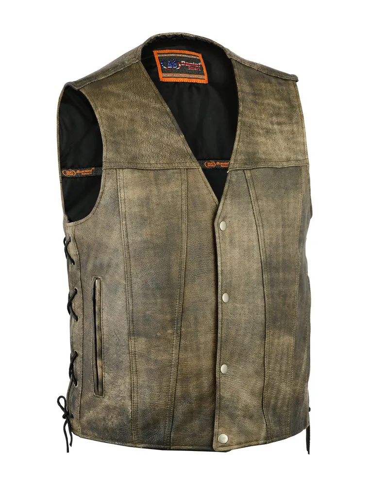 Mens Distressed Brn Antique Look Gambler premium leather vest