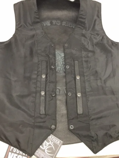 Men's Motorcycle Blk Side Lace leather vest with Live to Ride embossed back