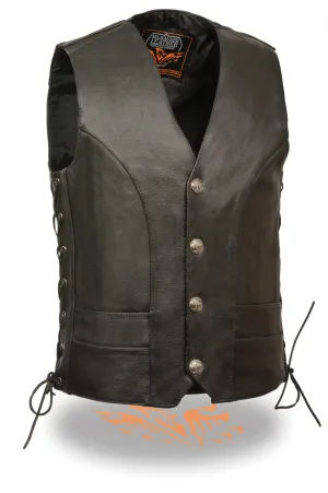 Men's Motorcycle Classic Buffalo Nickle Side Lace Leather Vest W/2 Gun pockets