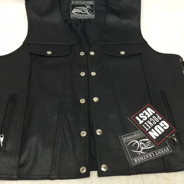 Men's Motorcycle Leather Vest Chest pockets with Side Laces & 2 Gun Pockets inside