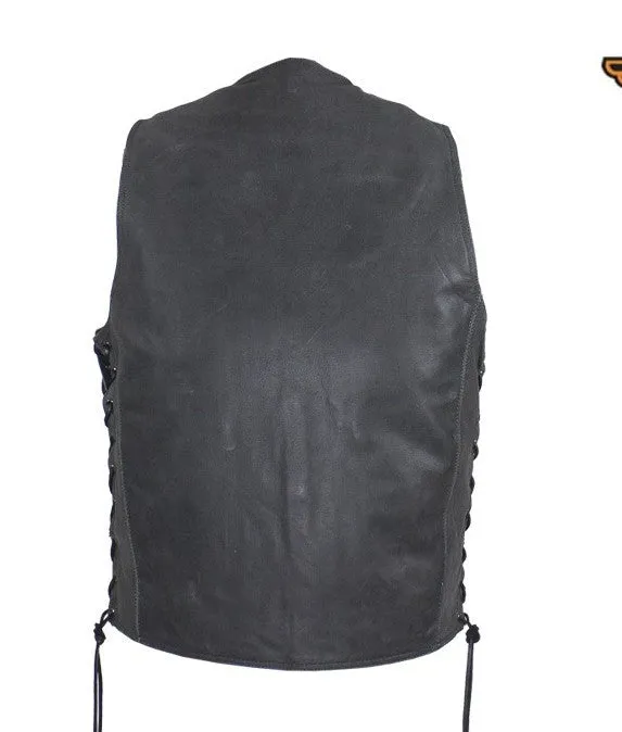 Men's Motorcycle Riding Distressed Grey 10 pocket leather vest single panel back