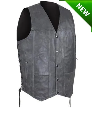 Men's Motorcycle Riding Distressed Grey 10 pocket leather vest single panel back