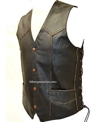 Men's Motorcycle Side Lace Blk leather vest with Skull & Wings back embossed
