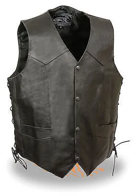 Men's Motorcycle Side Lace Indian Head embossed back blk leather vest