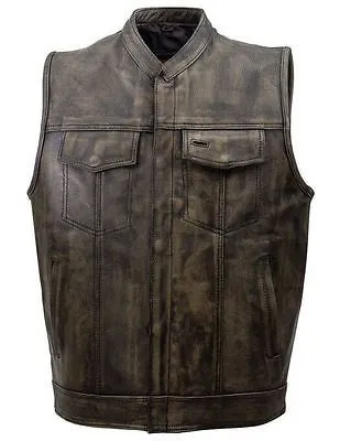 Men's Motorcycle Son of anarcy distressed leather vest with 2 Gun pockets