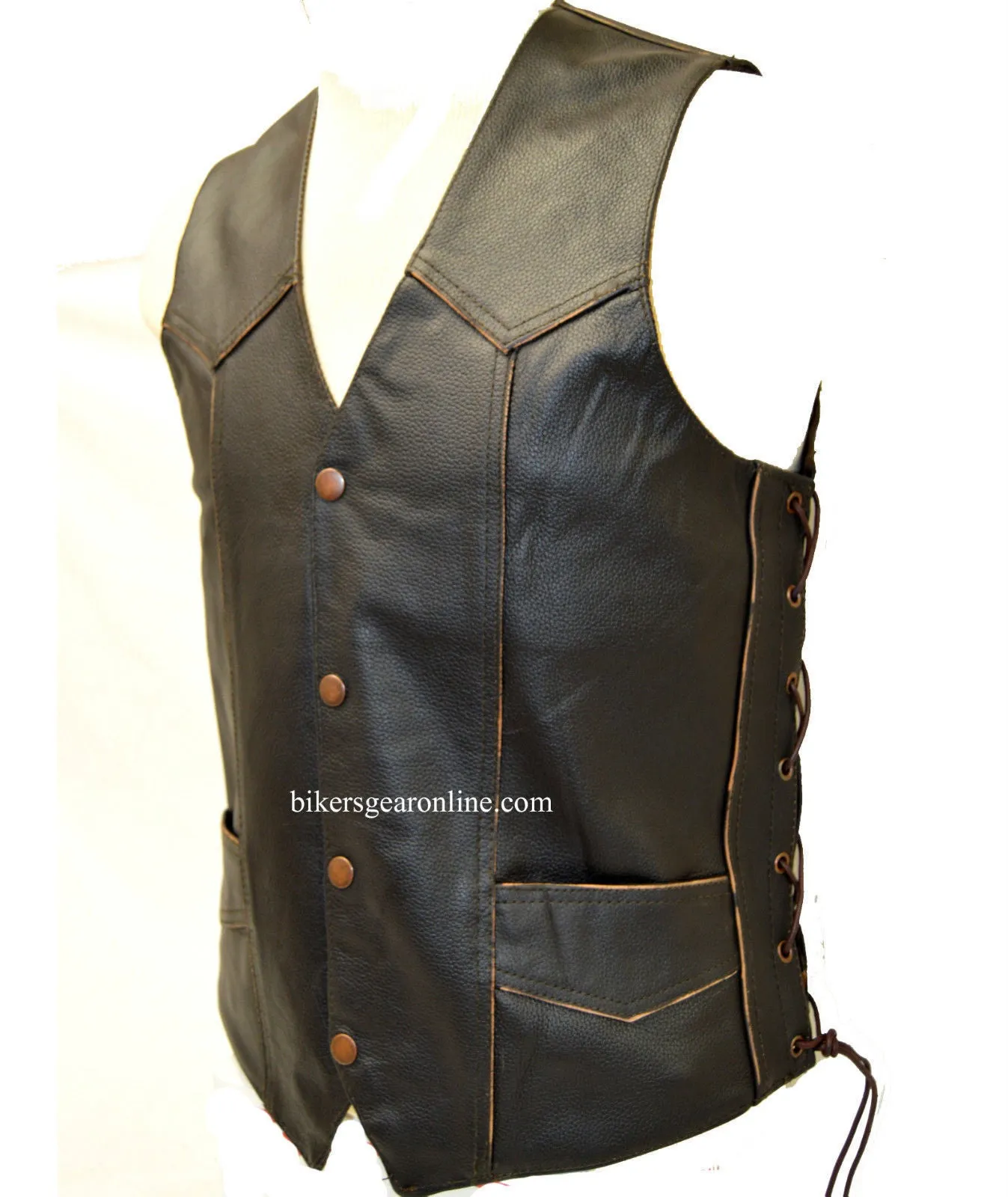 Men's Plain Snap button classic leather vest with four total pockets & Side Laces