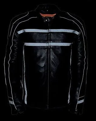 MEN'S REFLECTIVE MOTORCYCLE SCOOTER LEATHER JACKET 2 GUN POCKETS NAKED SKIN