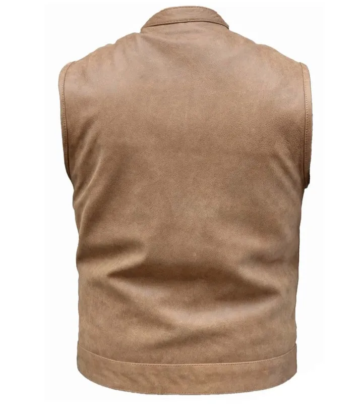 Men's Riding Son of anarcy tan saddle color leather vest with front zipper