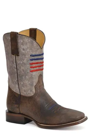 Men's Roper Footwear Waxy Brown Broad Square Toe Boots with Embroidered Flag Stripes