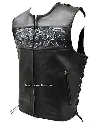 MEN'S SKULL LEATHER VEST WITH REFLECTIVE FEATURE W/2GUN POCKETS & SIDE LACES