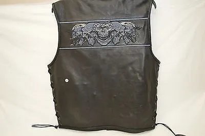 MEN'S SKULL LEATHER VEST WITH REFLECTIVE FEATURE W/2GUN POCKETS & SIDE LACES