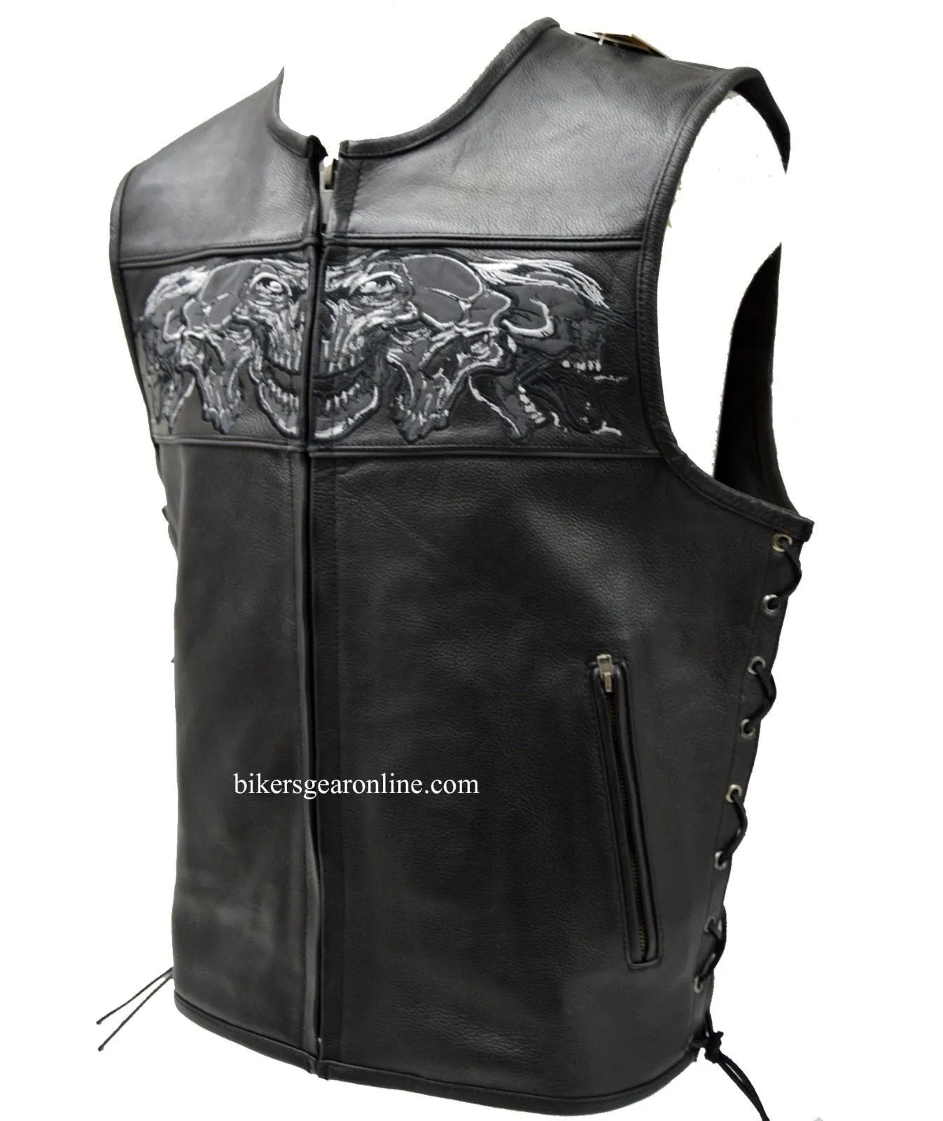 MEN'S SKULL LEATHER VEST WITH REFLECTIVE FEATURE W/2GUN POCKETS & SIDE LACES