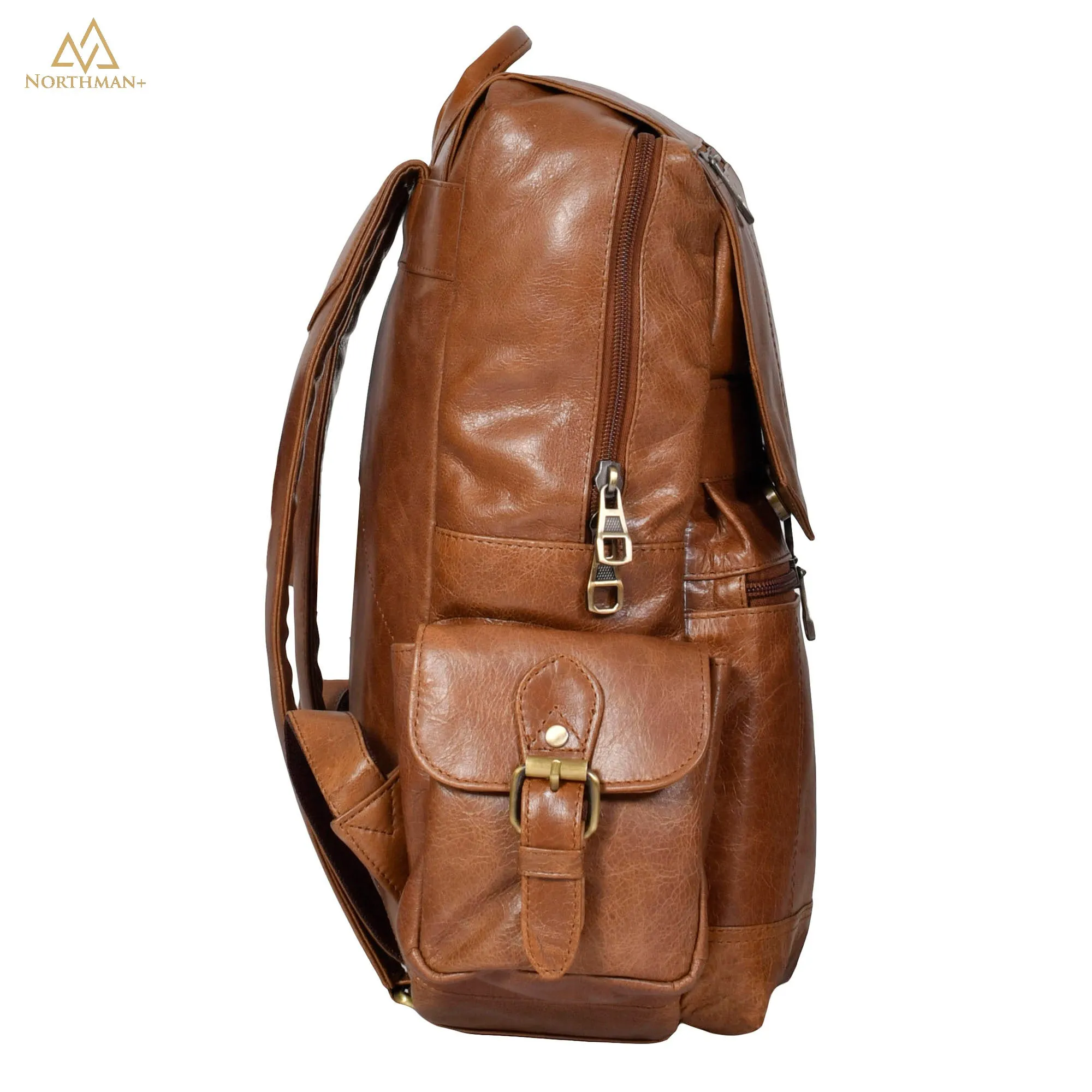 Mini multipocket backpack with flapped pocket in light brown