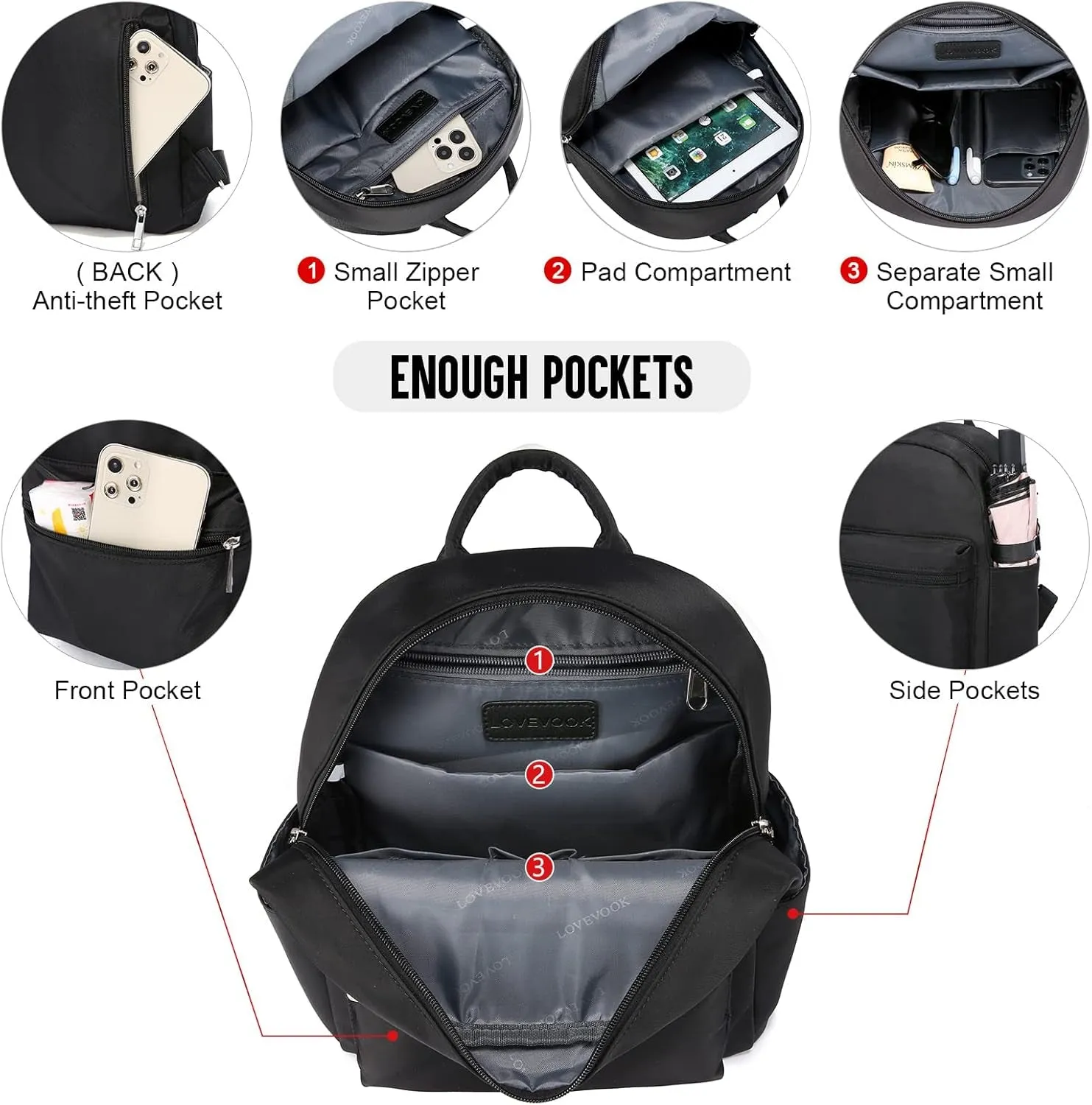 Mini nylon Backpack for Women, Light Weight Multiple pockets Waterproof Backpack