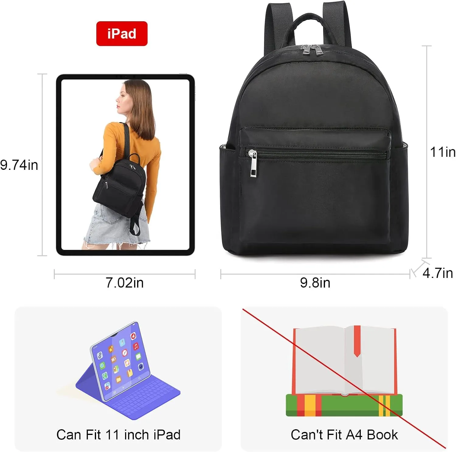 Mini nylon Backpack for Women, Light Weight Multiple pockets Waterproof Backpack